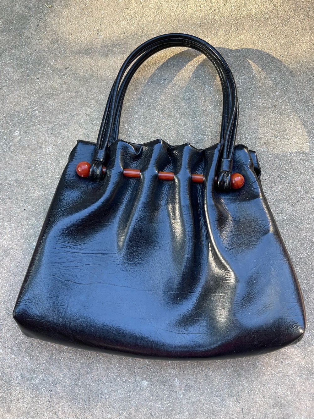 Vintage 1950’s black faux leather vinyl handbag tortoise shell detail pinup GUC